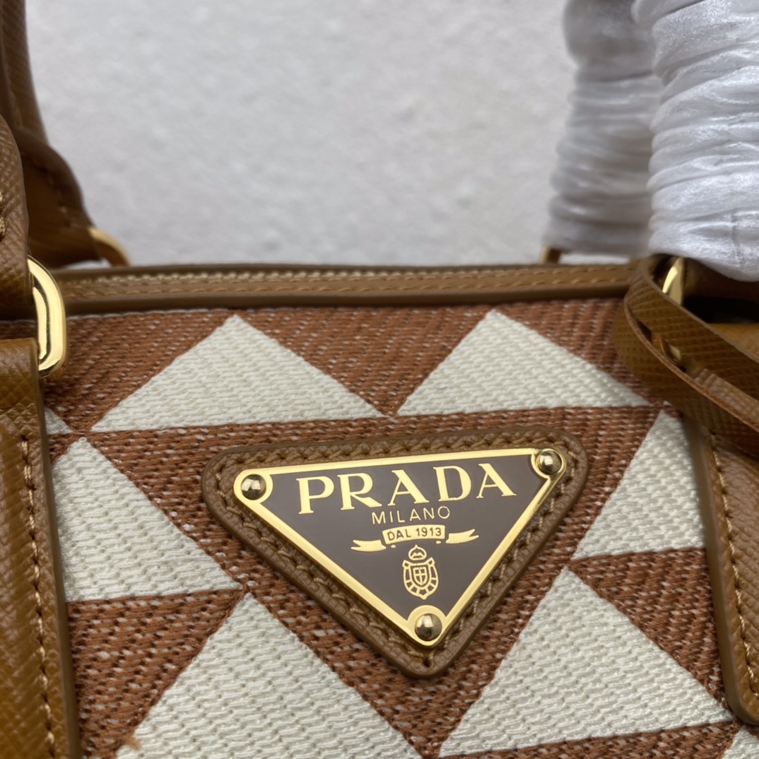 Prada Symbole Embroidered Fabric Top Handle Shoulder Bag Tobacco/Chalk White 1BB846